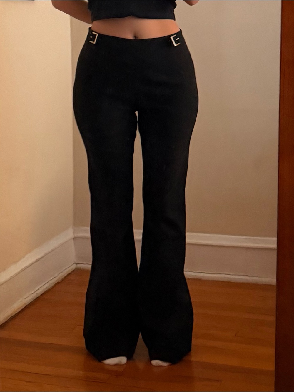 White Fox Boutique Black High-Rise Flare Pants with Buckle Accents